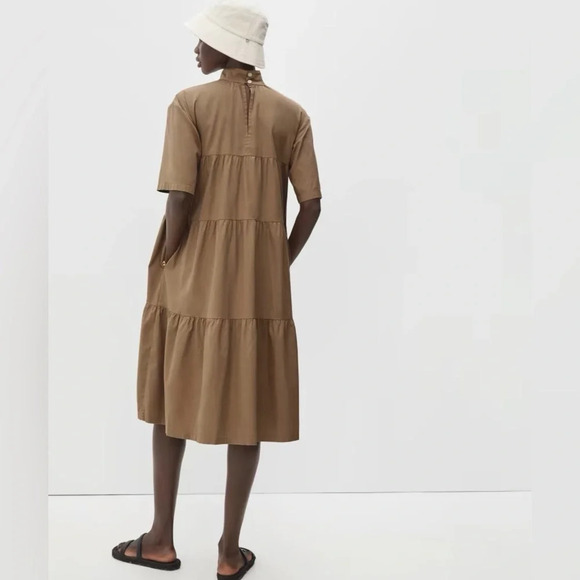 NWOT EVERLANE Tiered Mockneck Short Sleeve Dress Toasted Coconut Brown Small - Picture 2 of 8
